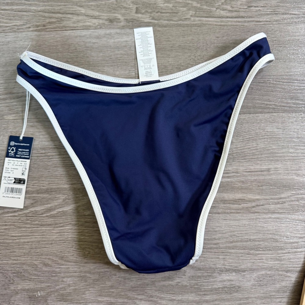 Polo Ralph Lauren Womens Navy Blue High Cut Bikini Bottom White Trim NWT Size S - Picture 9 of 9